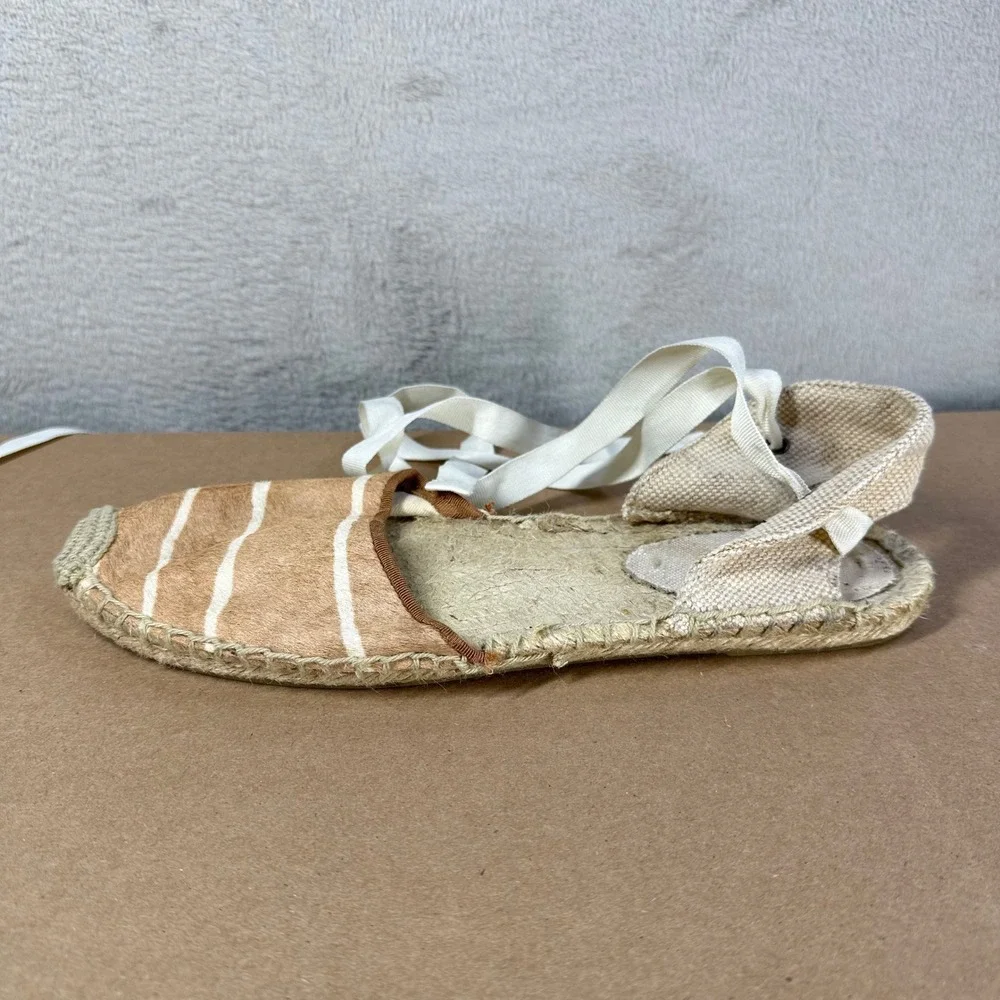 Soludos Espadrille Flats Womens 9 Tan Striped Calf Hair Ribbon Tie Coastal Boho